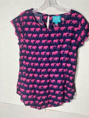 Escapada Blue Pink Elephants Round Neck Cap Sleeve Rayon Top S